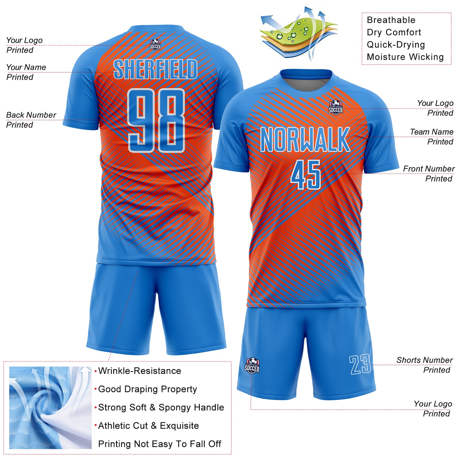 Custom Powder Blue Orange-White Line Sublimation Soccer Uniform Jersey