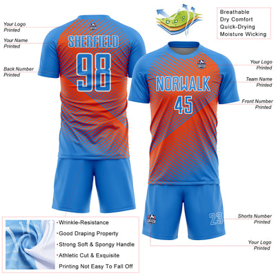 Custom Powder Blue Orange-White Line Sublimation Soccer Uniform Jersey