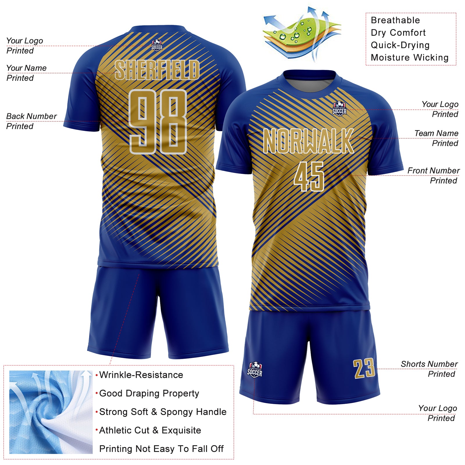 Custom Royal Old Gold-White Line Sublimation Soccer Uniform Jersey