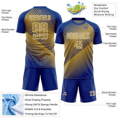 Custom Royal Old Gold-White Line Sublimation Soccer Uniform Jersey