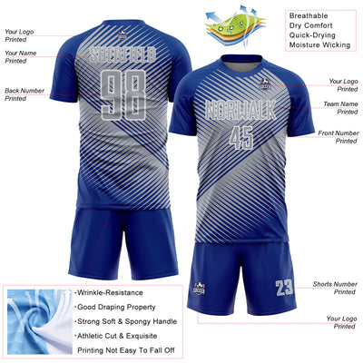 Custom Royal Gray-White Line Sublimation Soccer Uniform Jersey