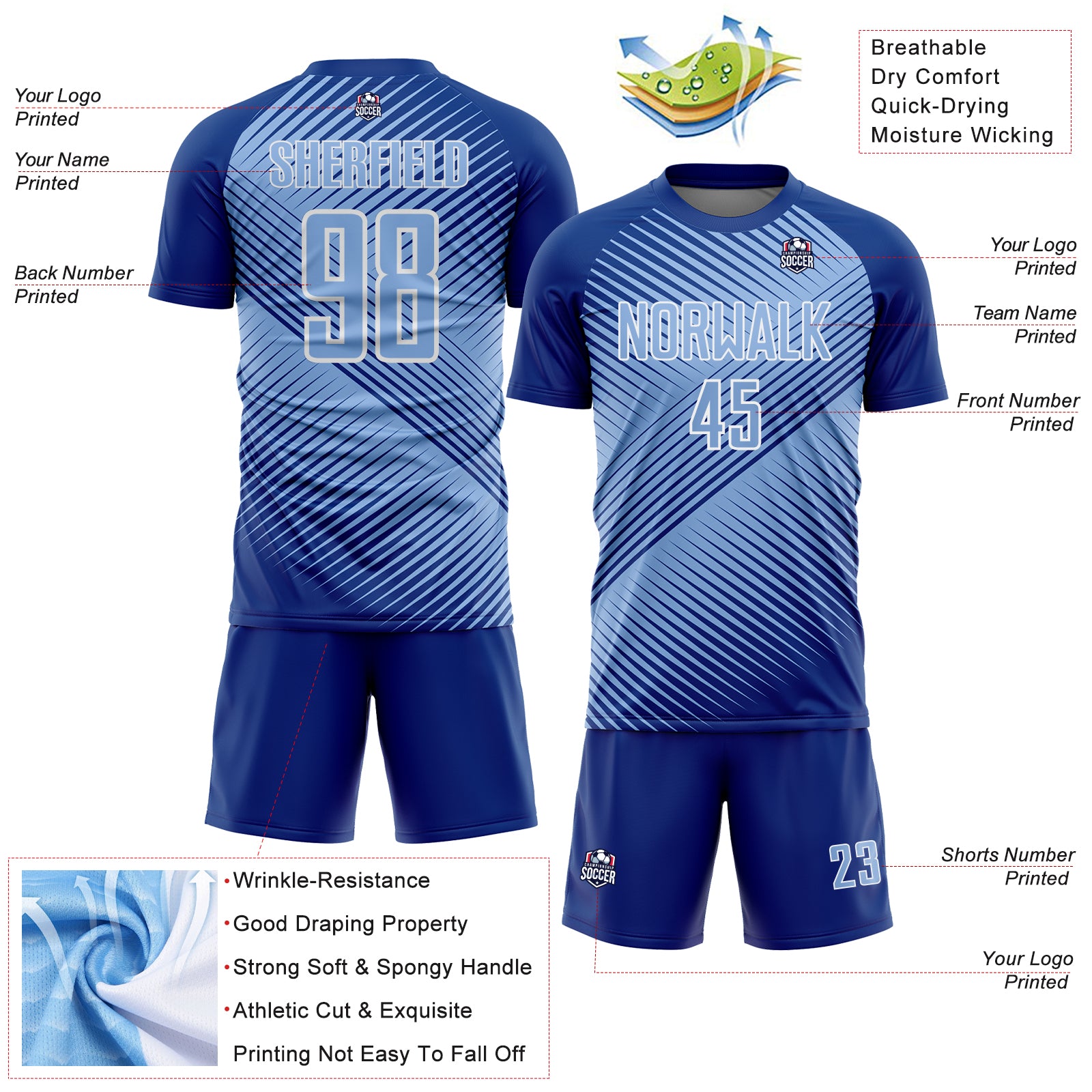 Custom Royal Light Blue-White Line Sublimation Soccer Uniform Jersey
