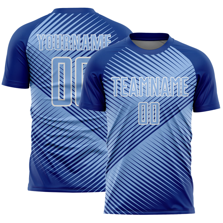 Custom Royal Light Blue-White Line Sublimation Soccer Uniform Jersey