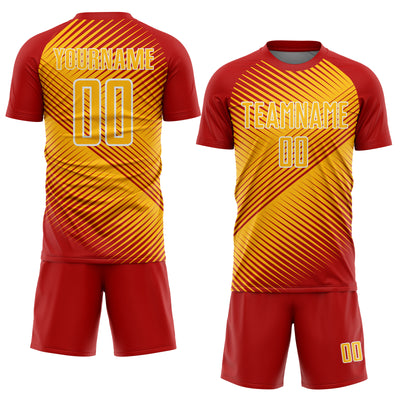 Custom Red Gold-White Line Sublimation Soccer Uniform Jersey