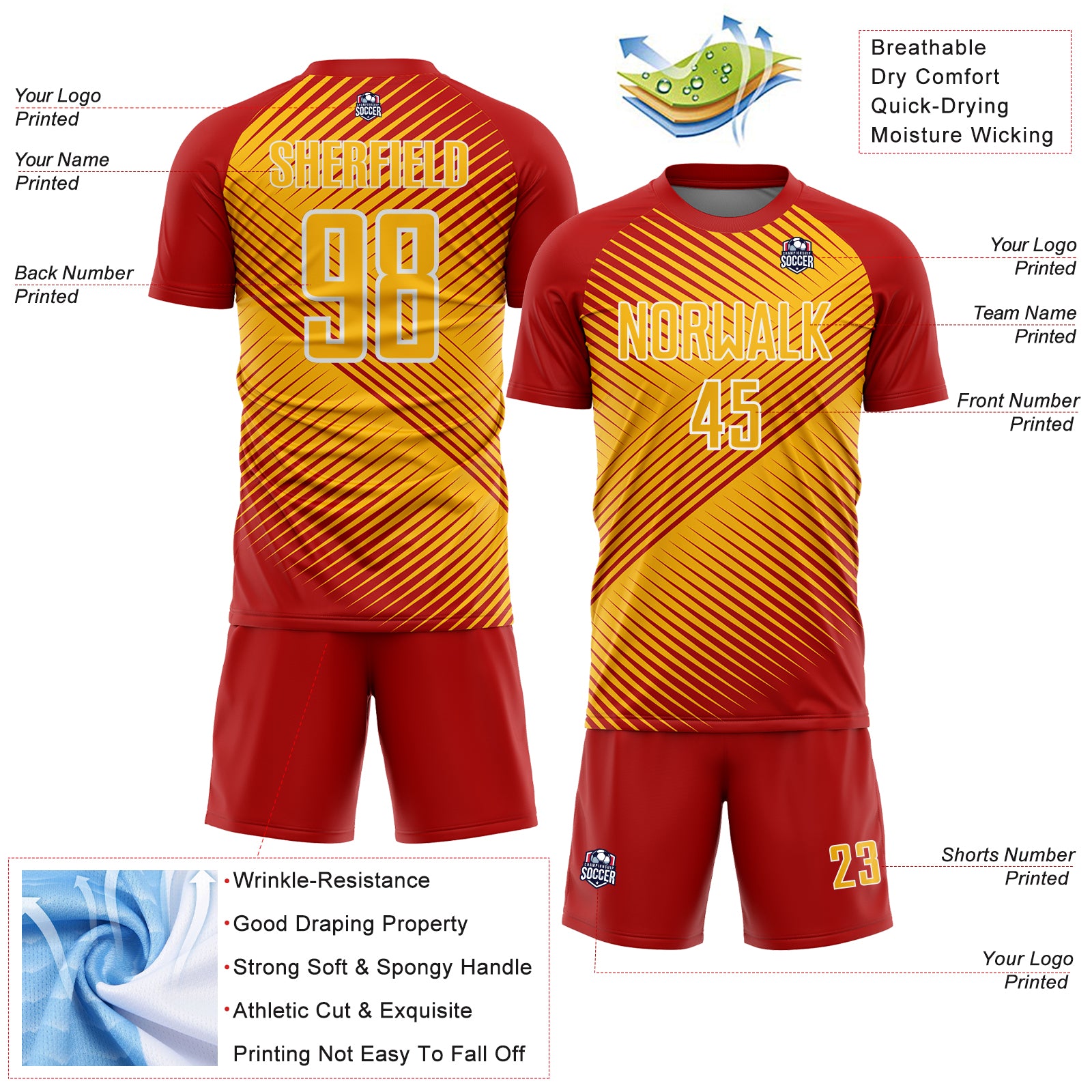 Custom Red Gold-White Line Sublimation Soccer Uniform Jersey