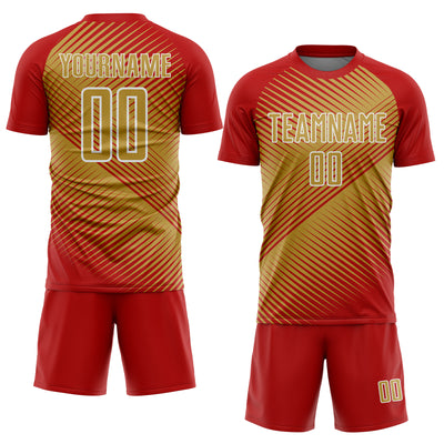 Custom Red Old Gold-White Line Sublimation Soccer Uniform Jersey