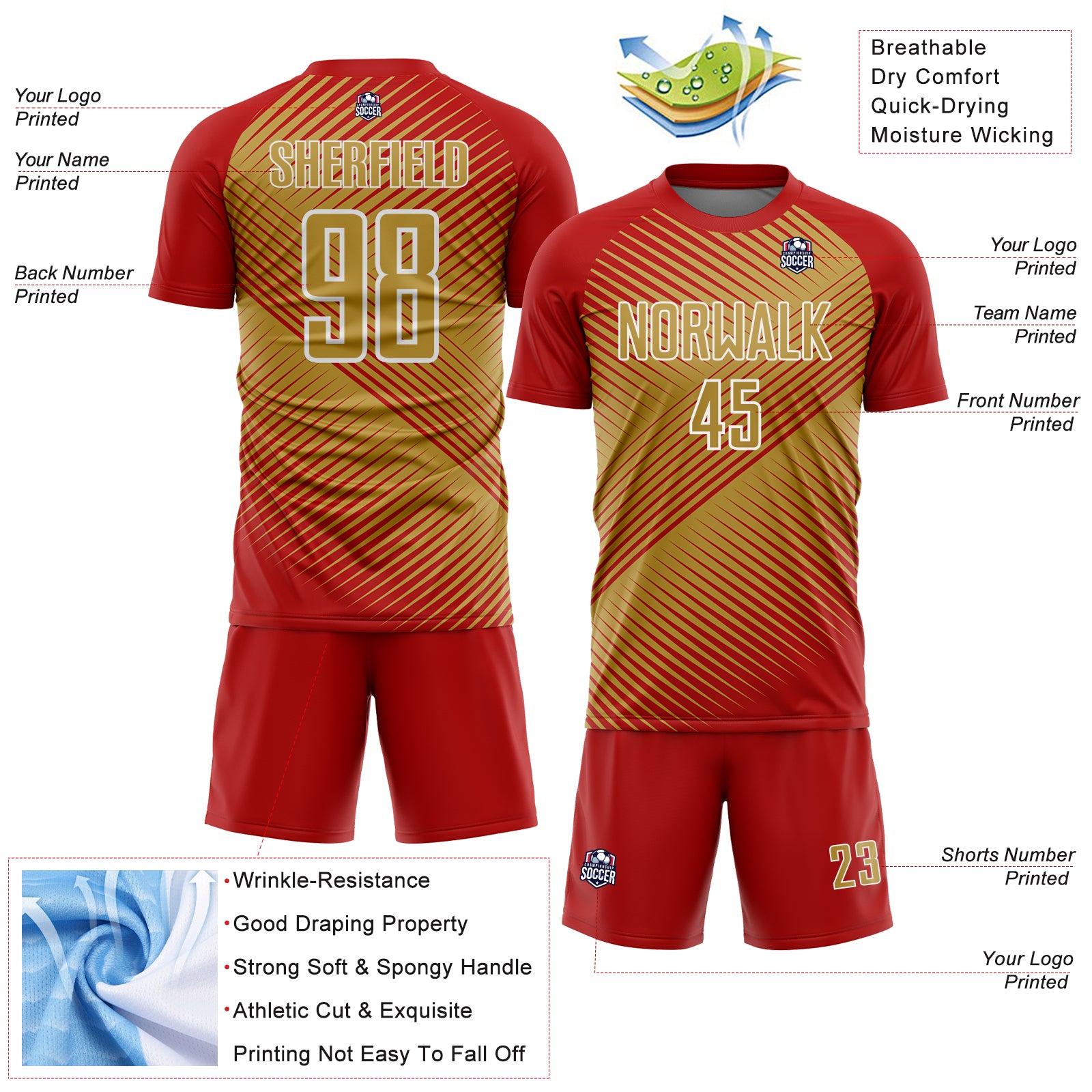 Custom Red Old Gold-White Line Sublimation Soccer Uniform Jersey