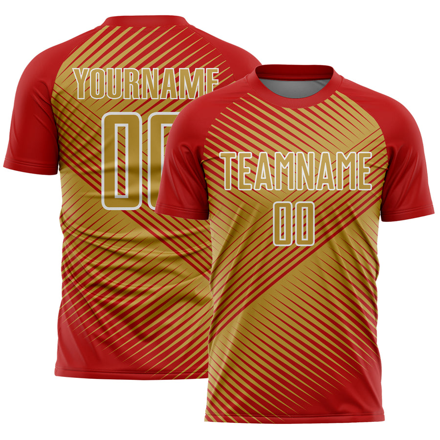 Custom Red Old Gold-White Line Sublimation Soccer Uniform Jersey