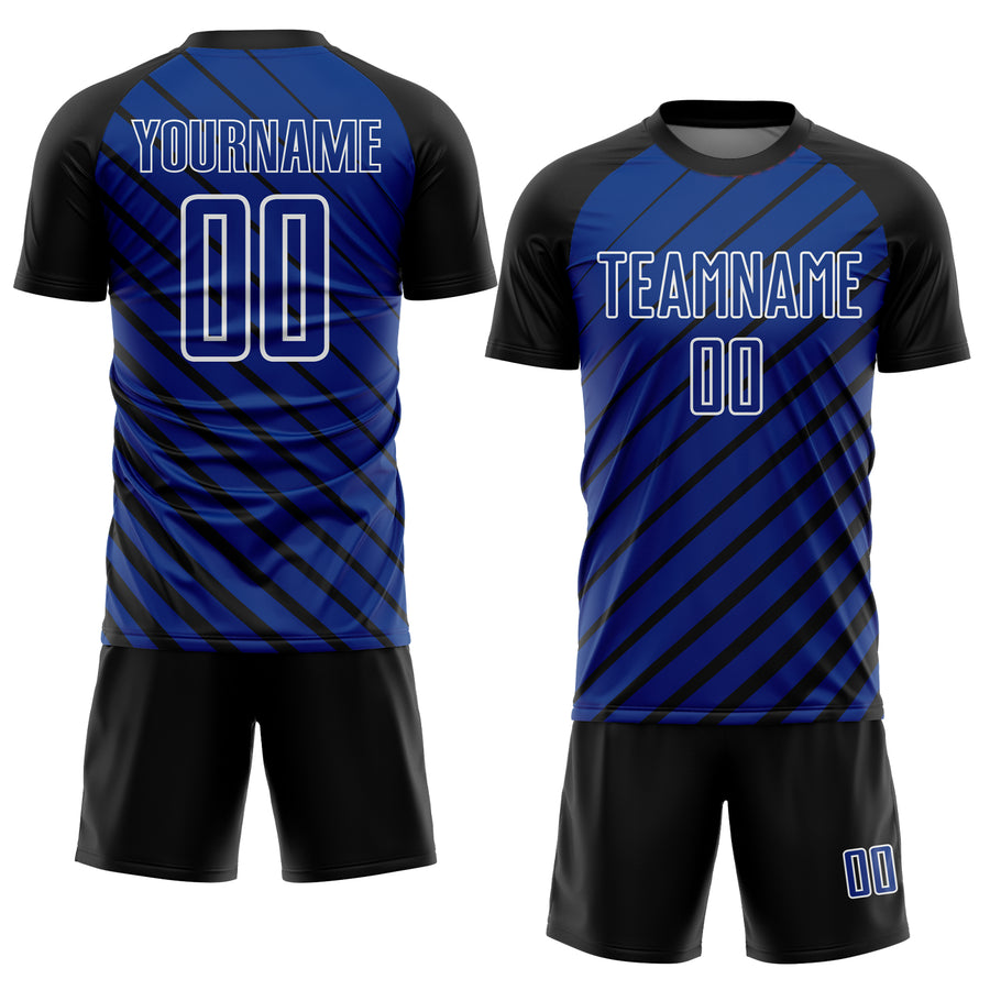 Custom Black Royal-White Lines Sublimation Soccer Uniform Jersey