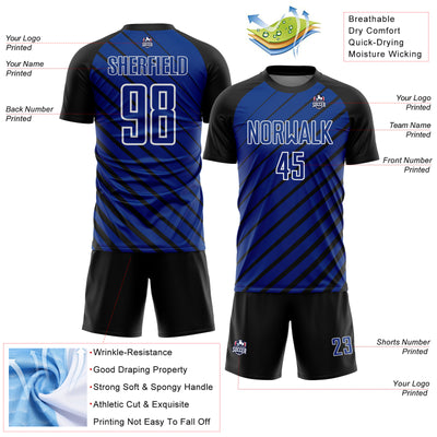 Custom Black Royal-White Lines Sublimation Soccer Uniform Jersey