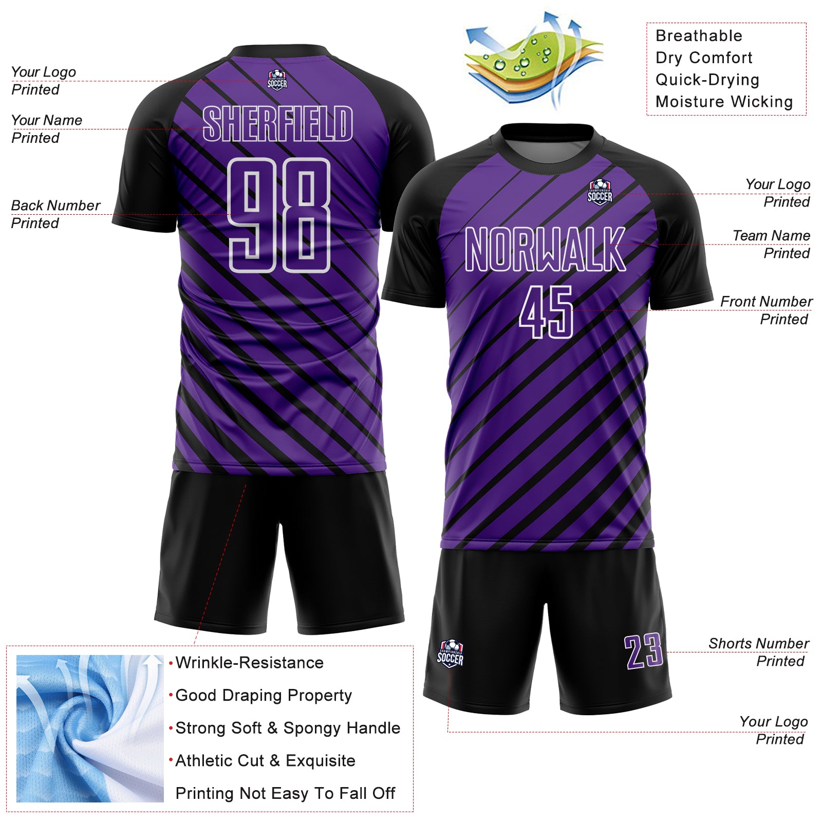 Custom Black Purple-White Lines Sublimation Soccer Uniform Jersey