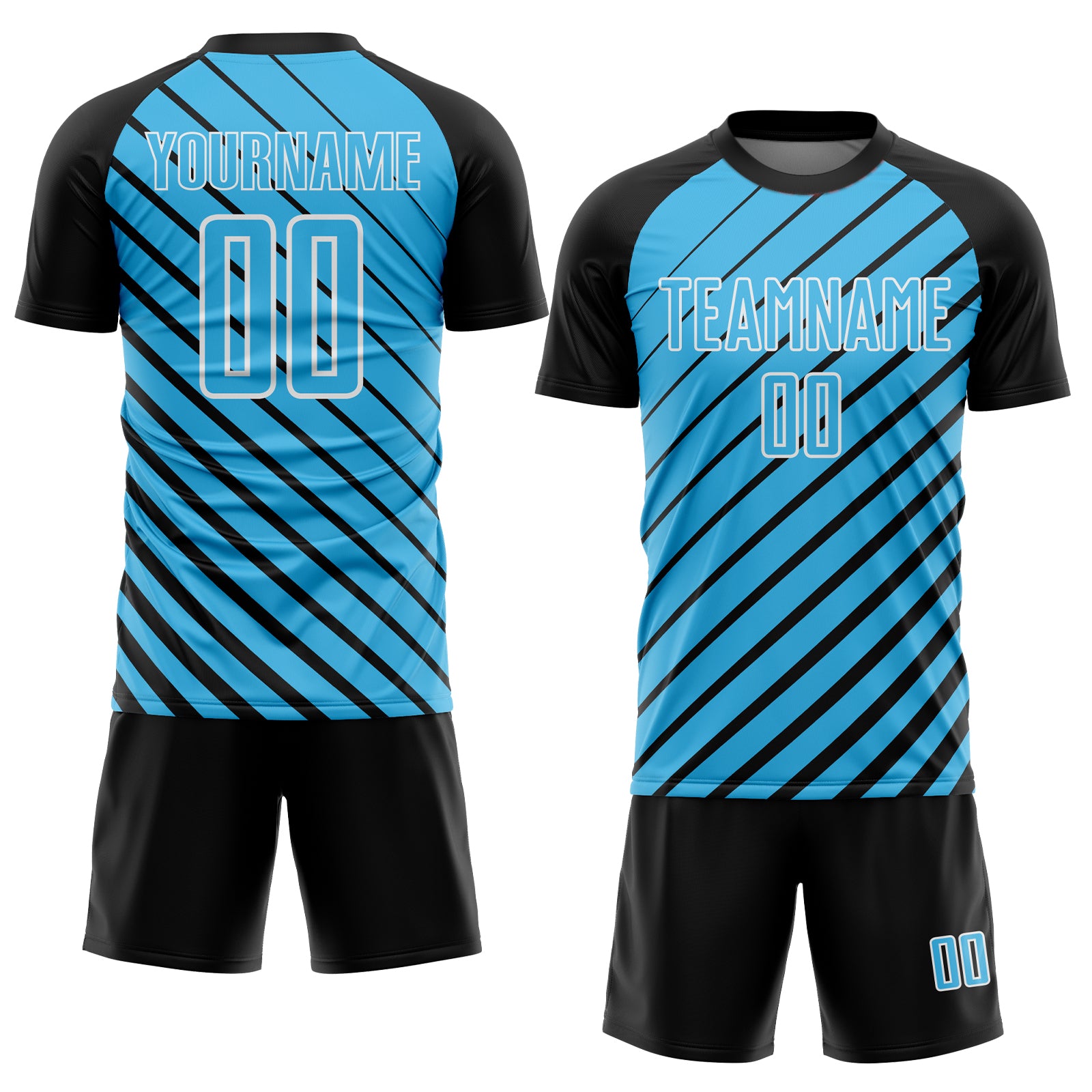 Custom Black Sky Blue-White Lines Sublimation Soccer Uniform Jersey