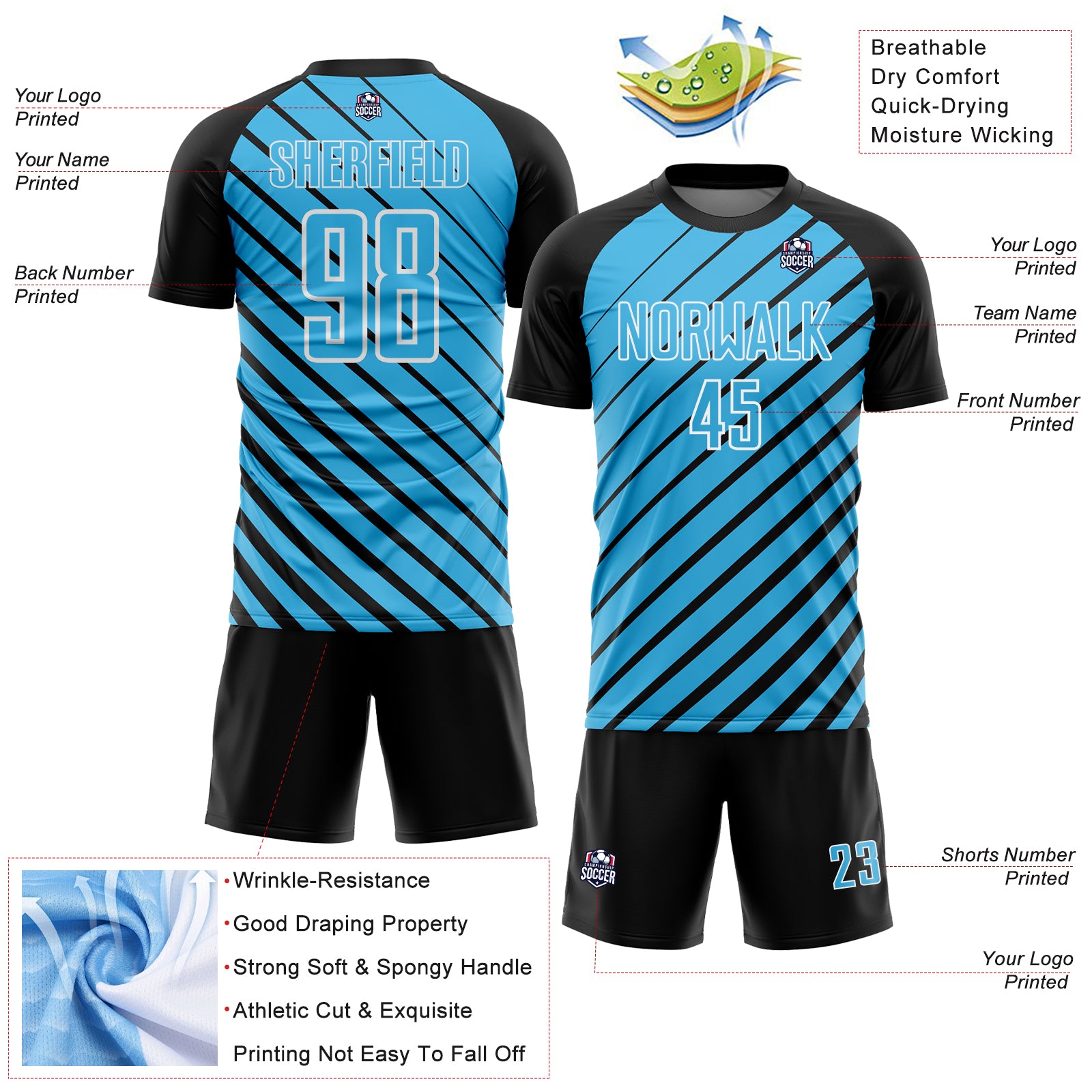 Custom Black Sky Blue-White Lines Sublimation Soccer Uniform Jersey