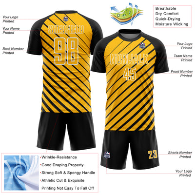 Custom Black Gold-White Lines Sublimation Soccer Uniform Jersey