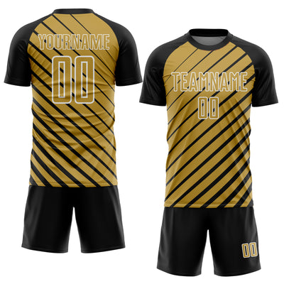 Custom Black Old Gold-White Lines Sublimation Soccer Uniform Jersey
