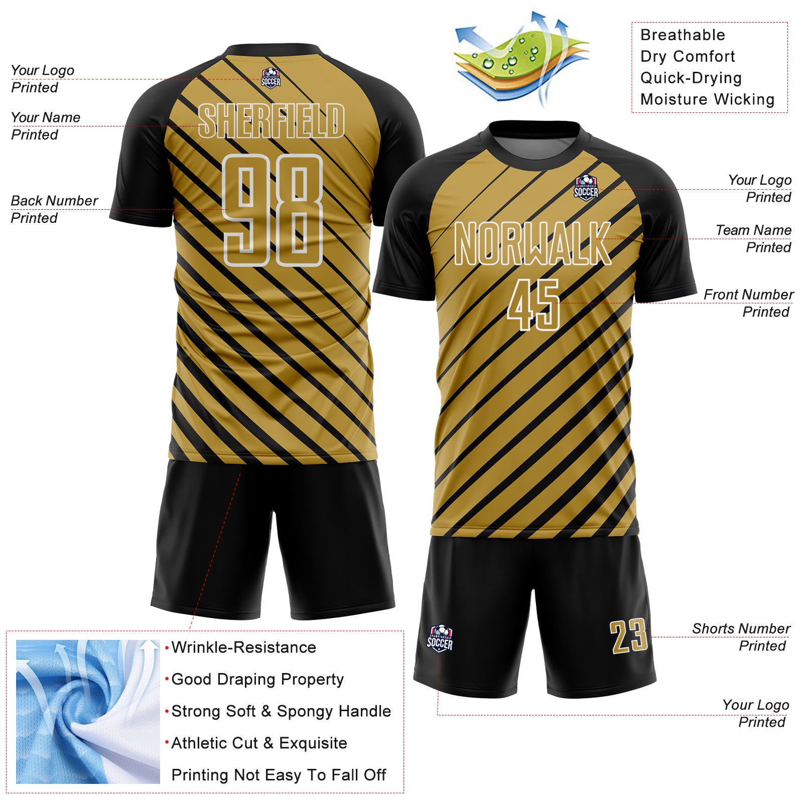 Custom Black Old Gold-White Lines Sublimation Soccer Uniform Jersey