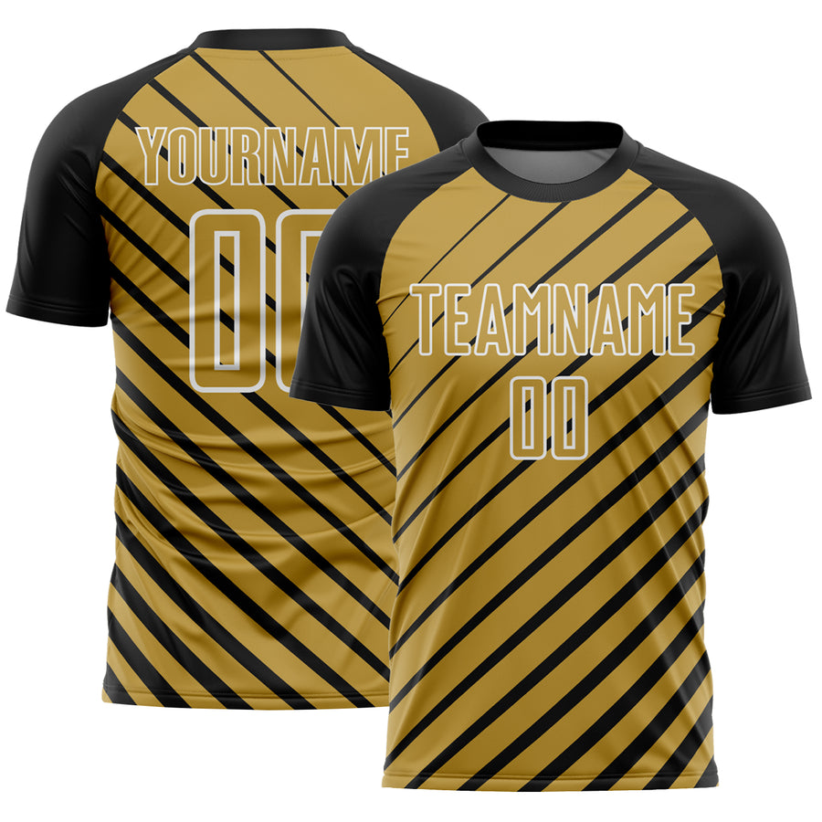 Custom Black Old Gold-White Lines Sublimation Soccer Uniform Jersey