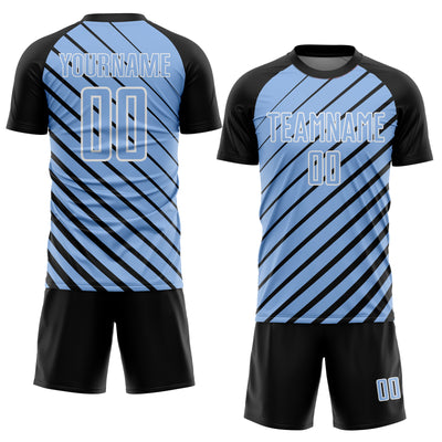 Custom Black Light Blue-White Lines Sublimation Soccer Uniform Jersey