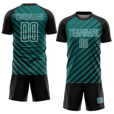 Custom Black Teal-White Lines Sublimation Soccer Uniform Jersey