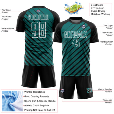 Custom Black Teal-White Lines Sublimation Soccer Uniform Jersey