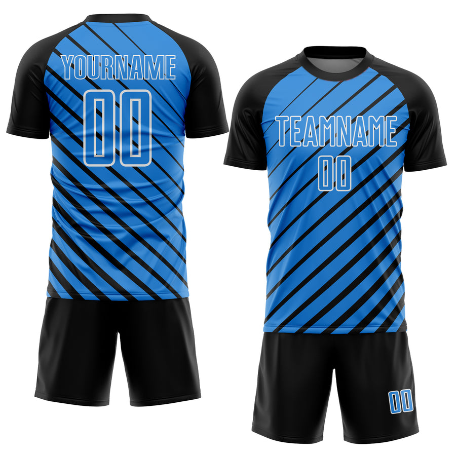 Custom Black Powder Blue-White Lines Sublimation Soccer Uniform Jersey