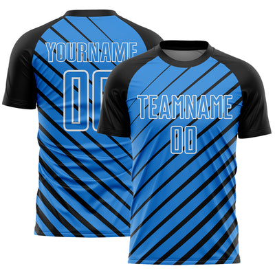 Custom Black Powder Blue-White Lines Sublimation Soccer Uniform Jersey