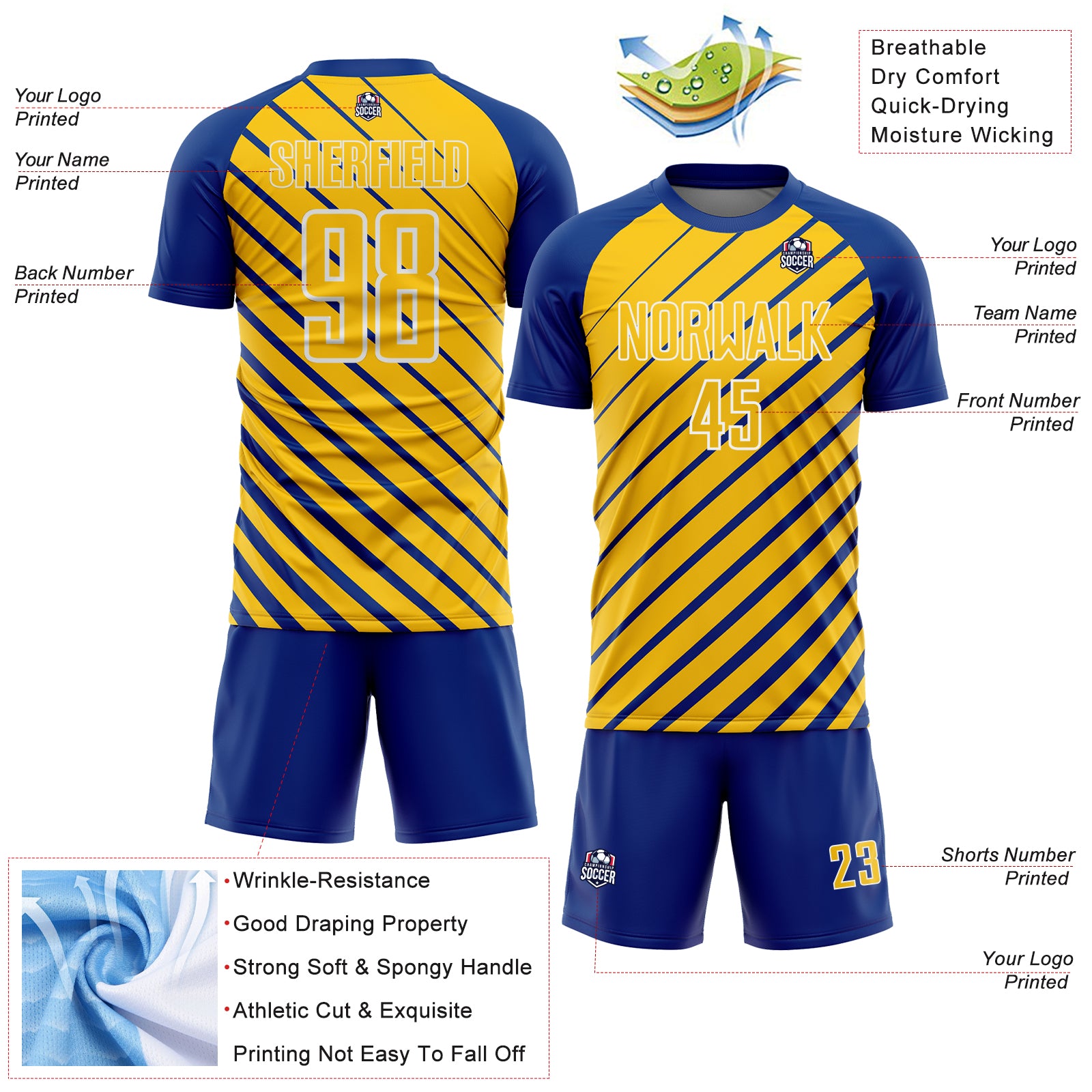 Custom Royal Yellow-White Lines Sublimation Soccer Uniform Jersey