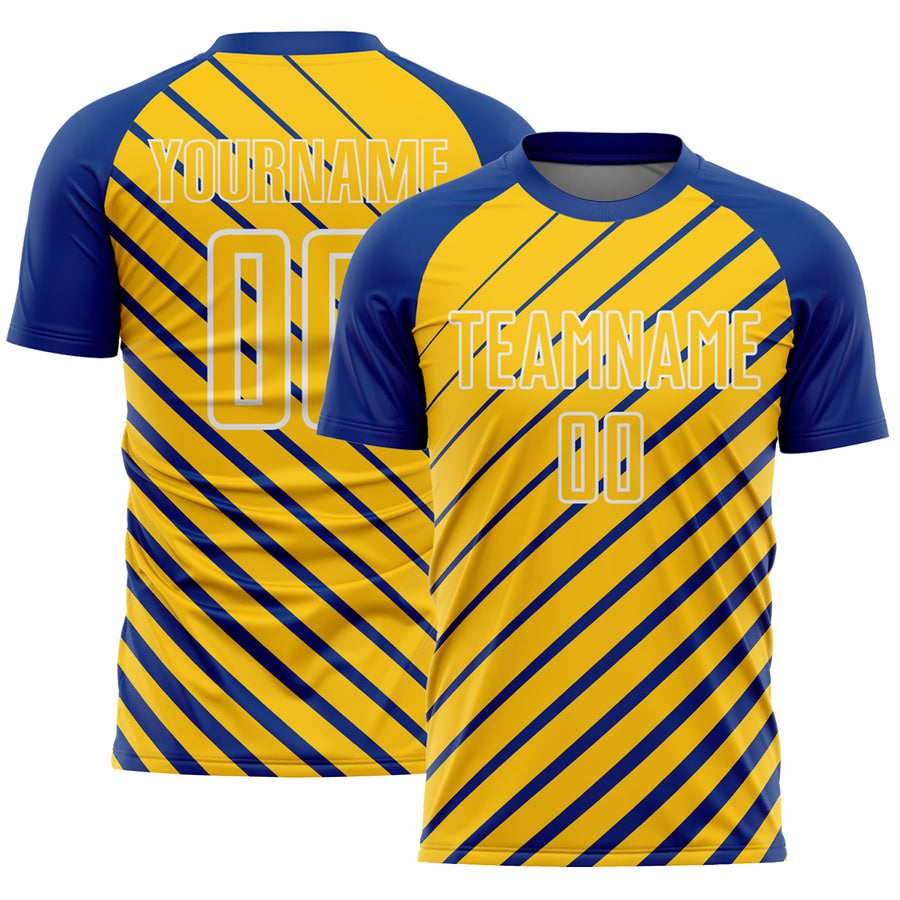 Custom Royal Yellow-White Lines Sublimation Soccer Uniform Jersey