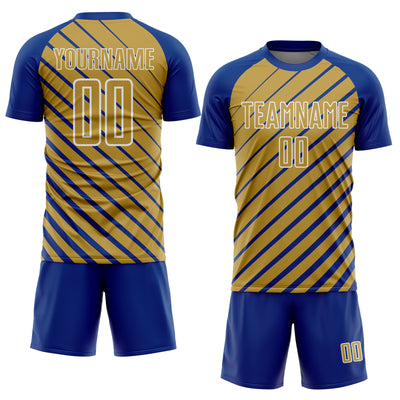Custom Royal Old Gold-White Lines Sublimation Soccer Uniform Jersey