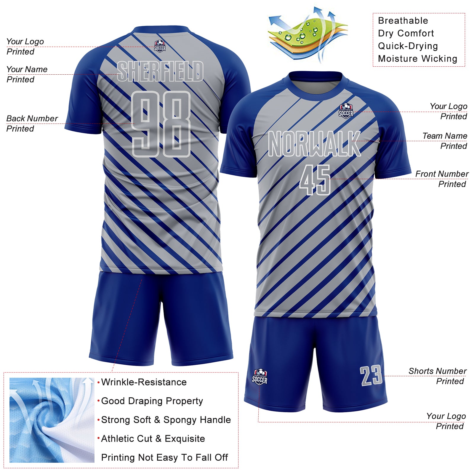 Custom Royal Gray-White Lines Sublimation Soccer Uniform Jersey