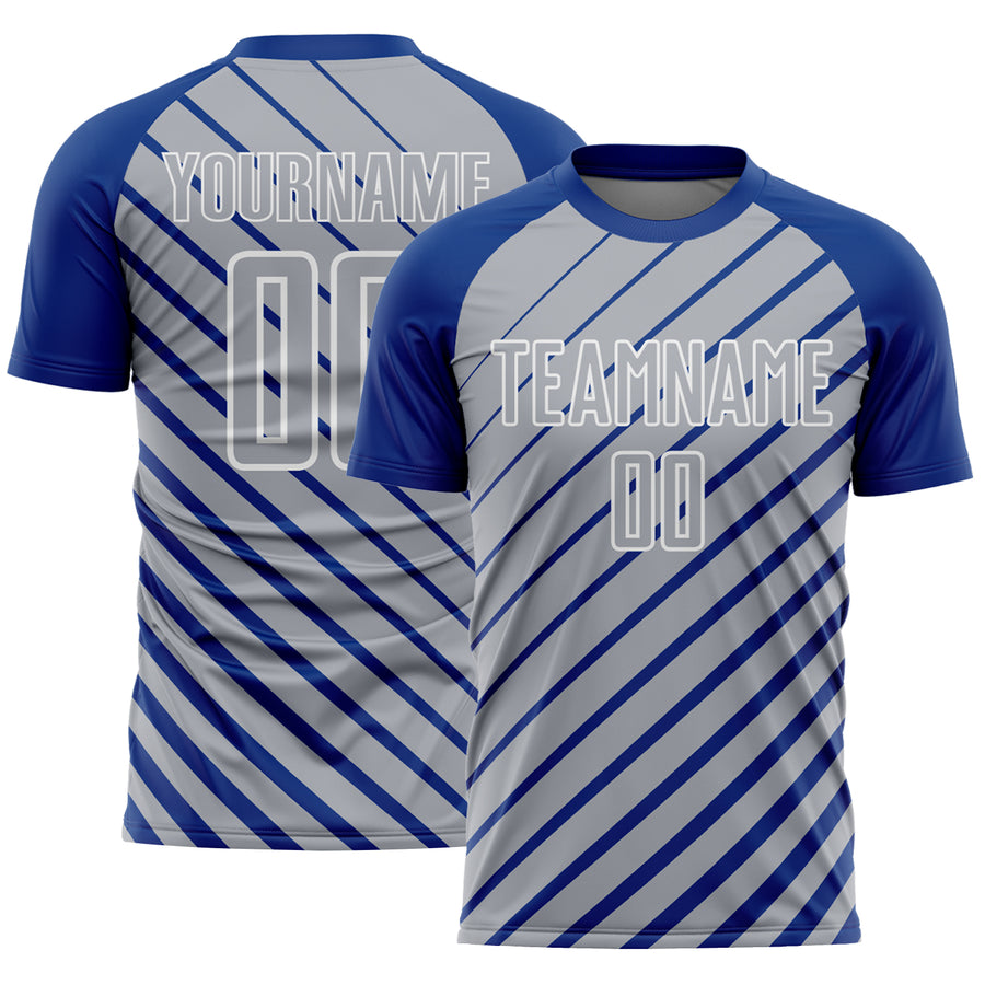 Custom Royal Gray-White Lines Sublimation Soccer Uniform Jersey