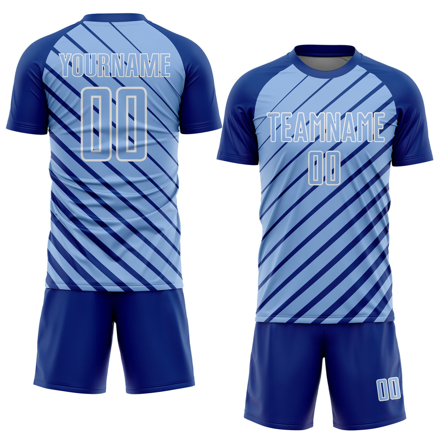 Custom Royal Light Blue-White Lines Sublimation Soccer Uniform Jersey
