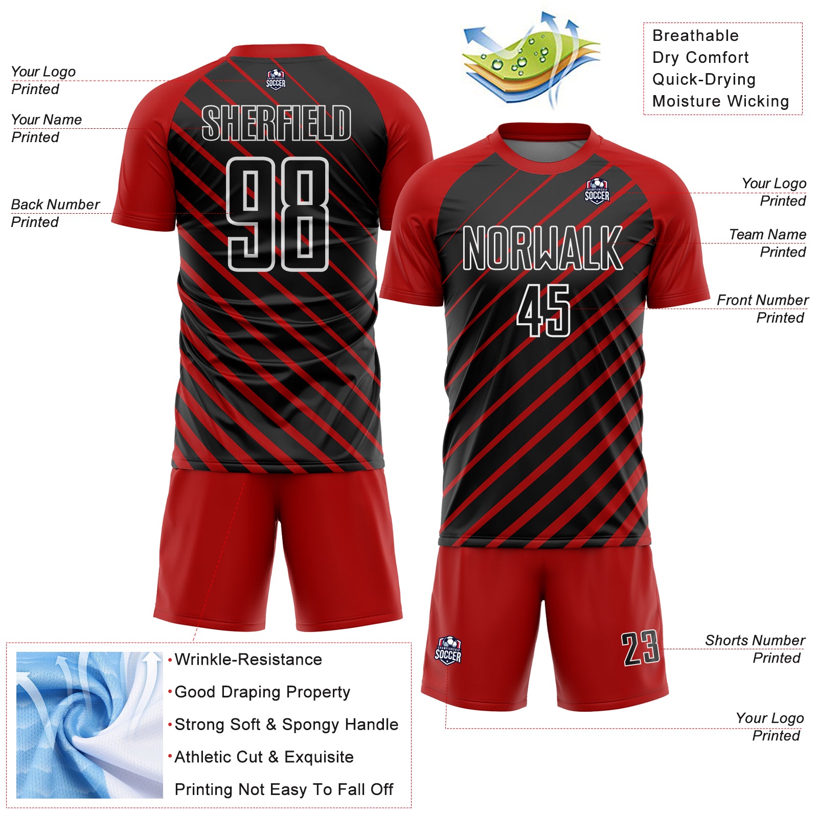 Custom Red Black-White Lines Sublimation Soccer Uniform Jersey
