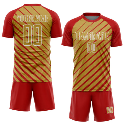 Custom Red Old Gold-White Lines Sublimation Soccer Uniform Jersey