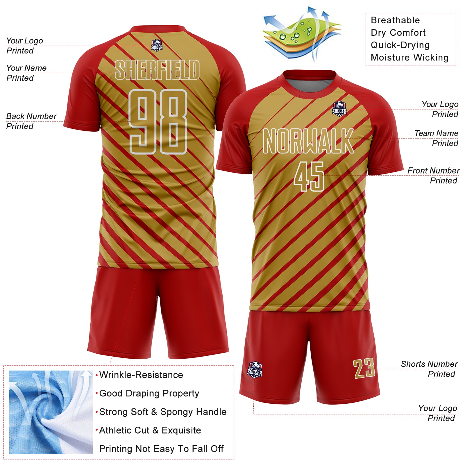 Custom Red Old Gold-White Lines Sublimation Soccer Uniform Jersey