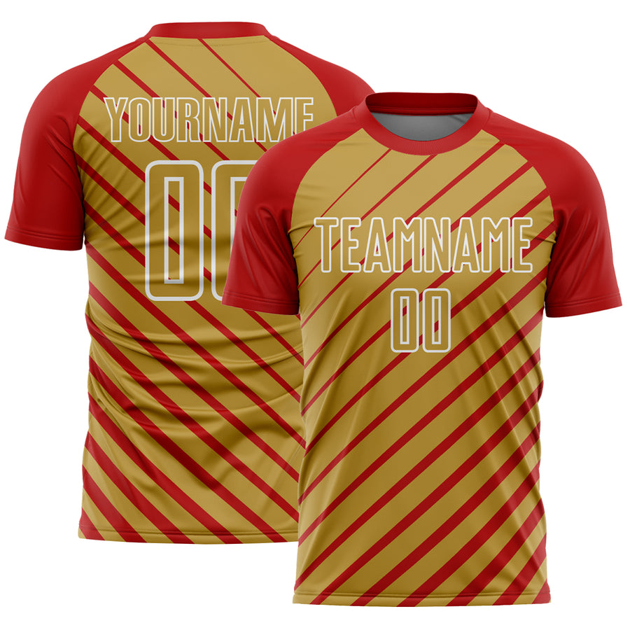 Custom Red Old Gold-White Lines Sublimation Soccer Uniform Jersey