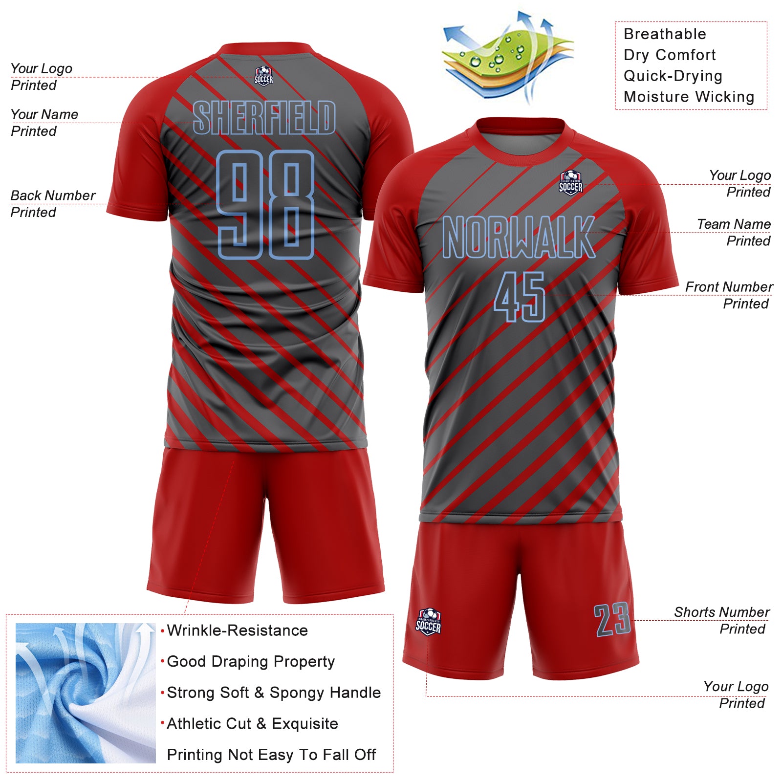 Custom Red Steel Gray-Light Blue Lines Sublimation Soccer Uniform Jersey