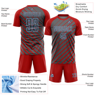 Custom Red Steel Gray-Light Blue Lines Sublimation Soccer Uniform Jersey