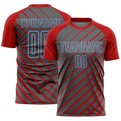 Custom Red Steel Gray-Light Blue Lines Sublimation Soccer Uniform Jersey