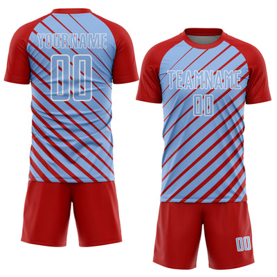 Custom Red Light Blue-White Lines Sublimation Soccer Uniform Jersey