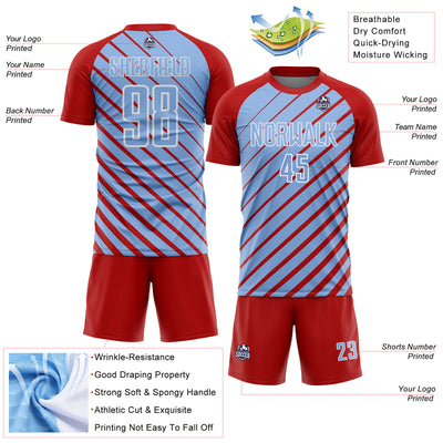 Custom Red Light Blue-White Lines Sublimation Soccer Uniform Jersey