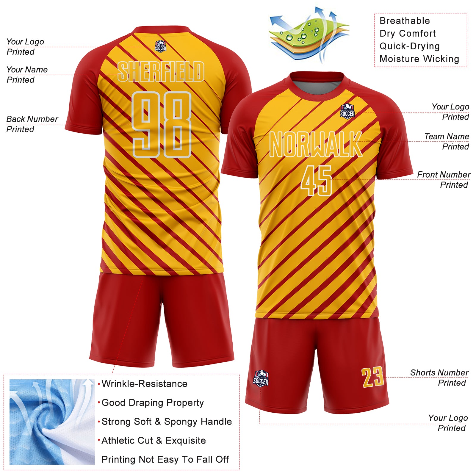 Custom Red Gold-White Lines Sublimation Soccer Uniform Jersey