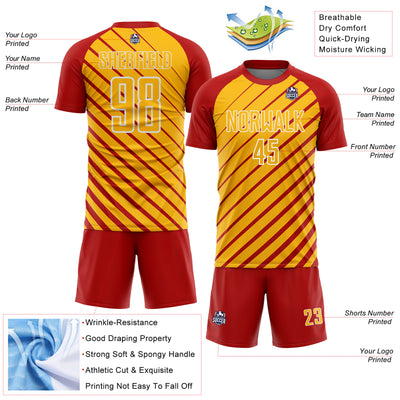 Custom Red Gold-White Lines Sublimation Soccer Uniform Jersey