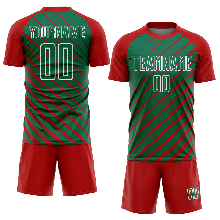 Custom Red Kelly Green-White Lines Sublimation Soccer Uniform Jersey