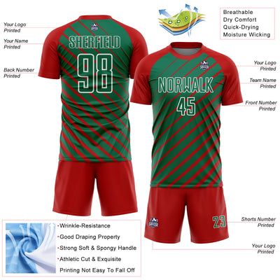 Custom Red Kelly Green-White Lines Sublimation Soccer Uniform Jersey