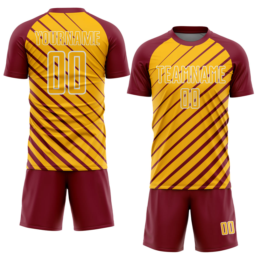 Custom Crimson Gold-White Lines Sublimation Soccer Uniform Jersey