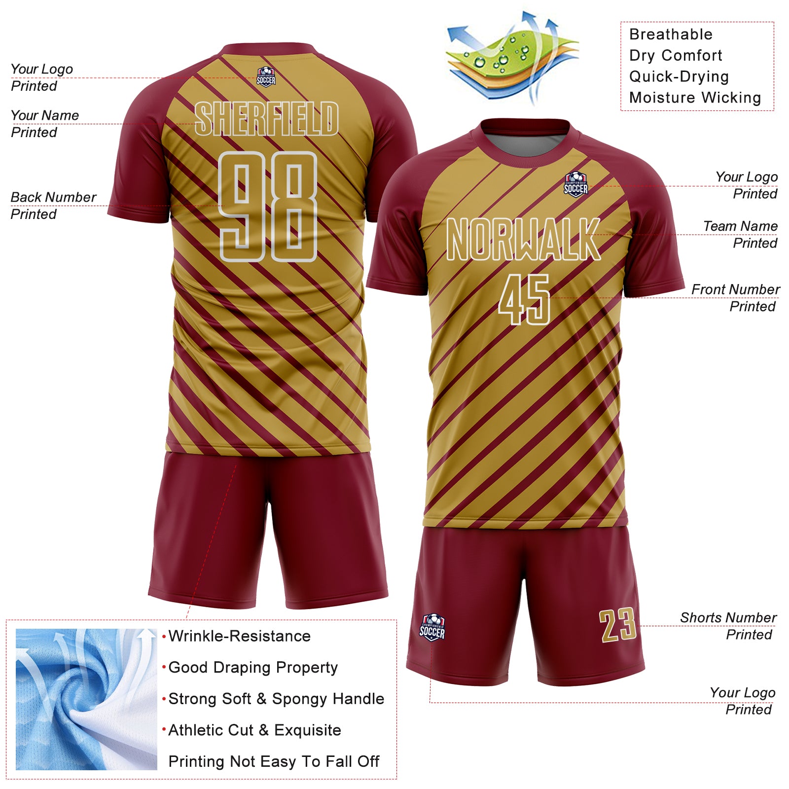 Custom Crimson Old Gold-White Lines Sublimation Soccer Uniform Jersey
