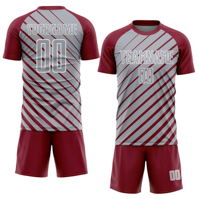 Custom Crimson Gray-White Lines Sublimation Soccer Uniform Jersey