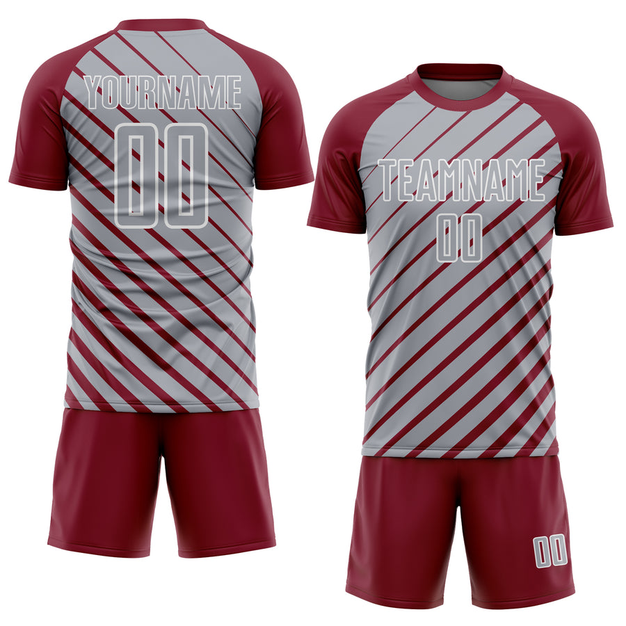 Custom Crimson Gray-White Lines Sublimation Soccer Uniform Jersey