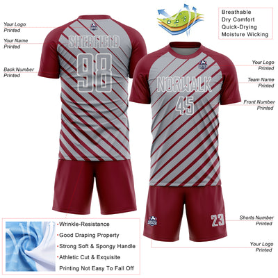 Custom Crimson Gray-White Lines Sublimation Soccer Uniform Jersey